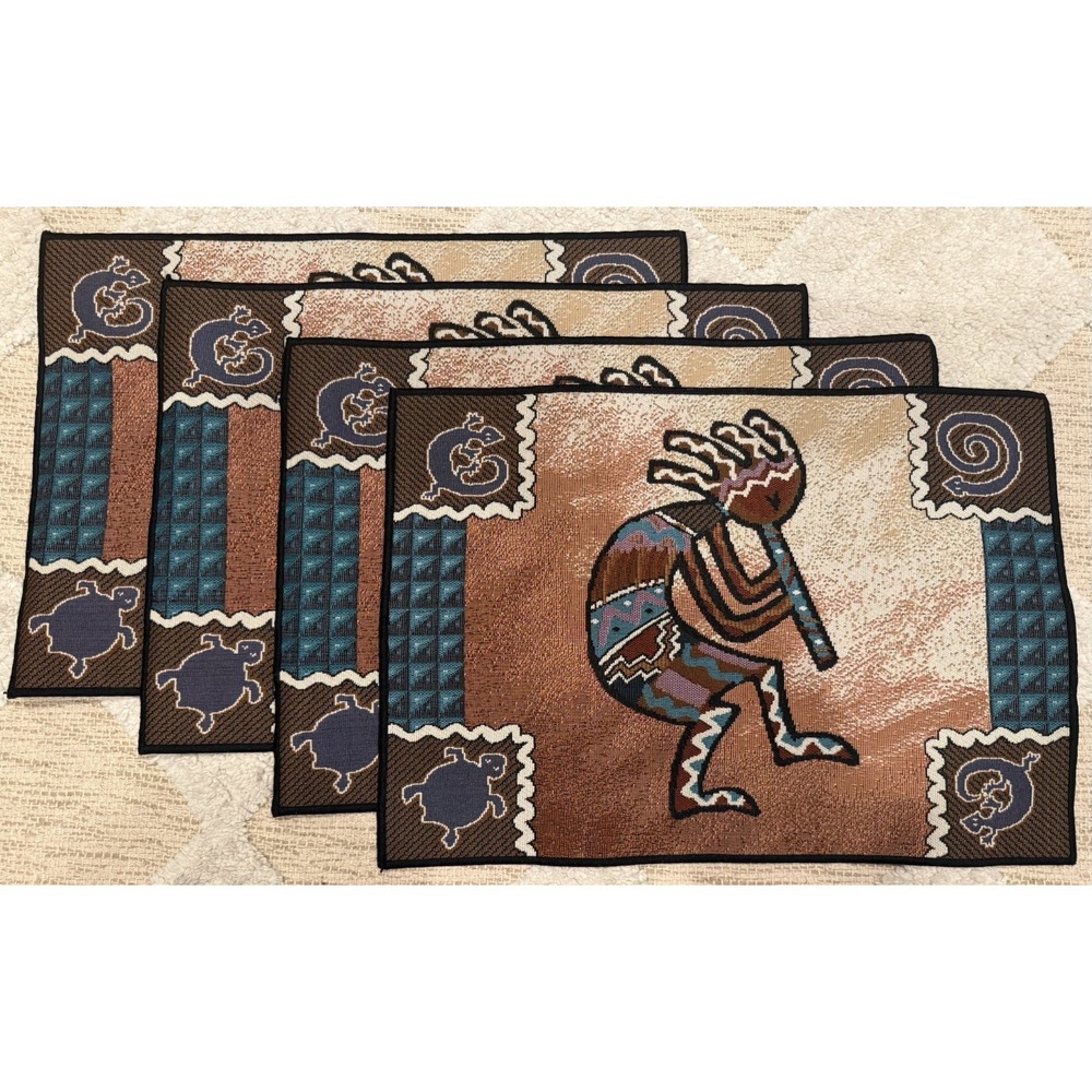 Set of 4 Southwestern Placemats Kokopelli Design Brown Blue